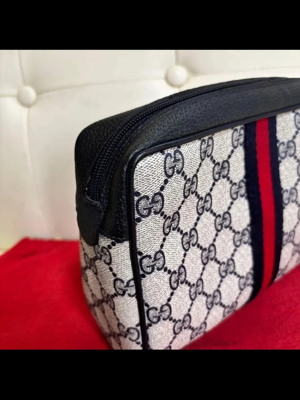 Gucci Beige/Black Toiletry Pouch with Red Center Stripe